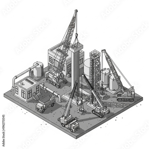 Isometric Construction Site with Cranes and Buildings Pixel Art.
