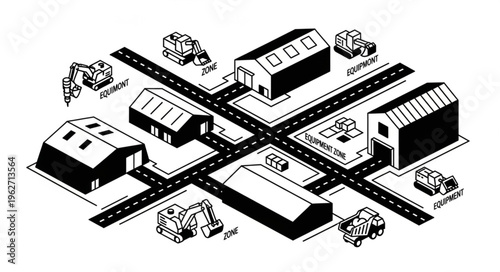 Isometric Cityscape with Industrial Buildings and Construction Vehicles.