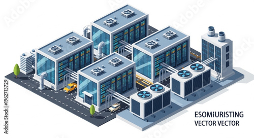 Isometric Data Center Server Campus With Cooling Units.