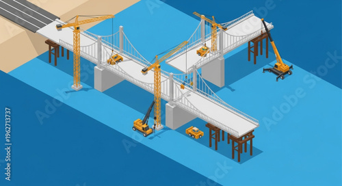Isometric Bridge Construction Site With Cranes.