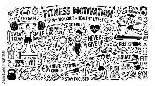 Fitness Motivation Doodle Art: Workout, Healthy Lifestyle, Gym