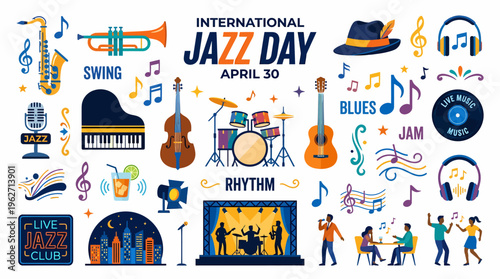International Jazz Day Celebration: Music Instruments, People Dancing