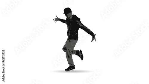 Silhouette of a male hip hop dancer in a dynamic pose isolated on a white background wearing a cap jacket and sagging pants for urban culture performing arts and youth lifestyle design element with sh