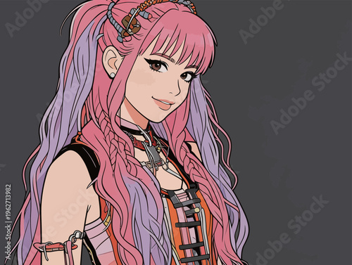 Young woman with long pink and purple hair smiles while wearing a stylish outfit in a cartoon style