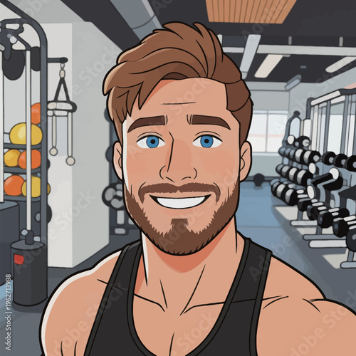 Man smiles in gym with weights and fitness equipment around him during workout session