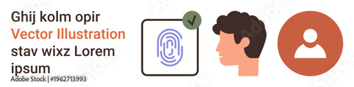 Identity verification, cybersecurity, user profiles, authentication, data protection, biometrics. A fingerprint with a verification mark, a profile silhouette and a generic user icon. Identity