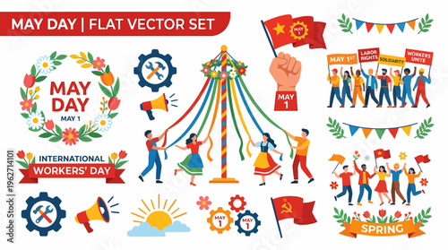 May Day Flat Vector Set: International Workers Day, Spring Celebration