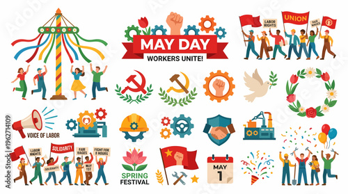 May Day Workers Unite! Labor Day Celebration Vector Elements
