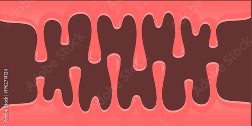 Wavy syrup illustration. Dripping candy illustration background. Pink ice cream drip illustration. Fast food caramel drip illustration. Hand-drawn milk drip on brown  background.