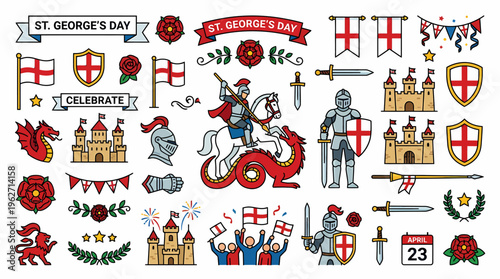 St. George's Day Celebration Icons - Knights, Dragons, Castles, Flags