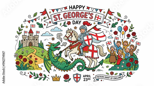 St. George's Day Celebration: Knight Fights Dragon, People Cheer