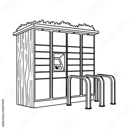 Line drawing of a wooden ticket vending machine with metal bike racks isolated on white background