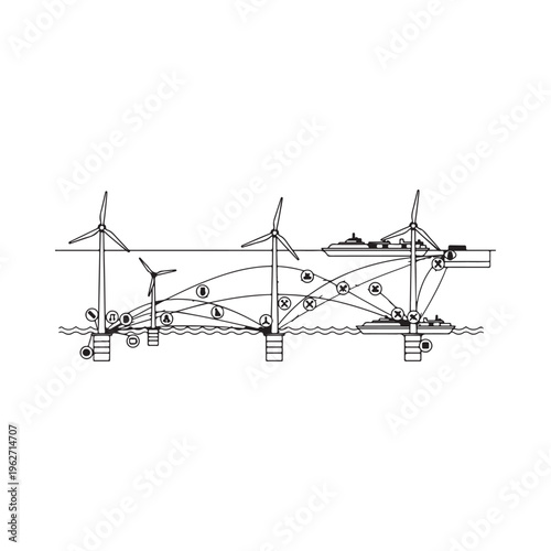 Offshore wind farm with floating turbines and underwater power transmission cables and ships  renewable energy concept