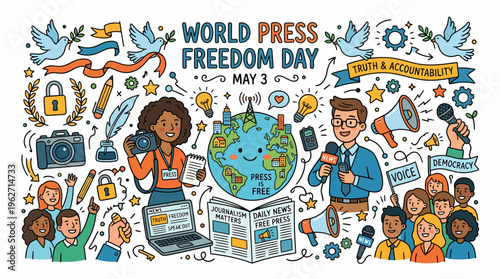 World Press Freedom Day Illustration: Journalists, Globe, Freedom Symbols