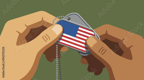 Illustration of a pair of hands holding a military dog tag with a reflection of the American flag