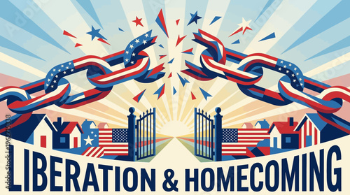 Abstract vector art of breaking chains with stars and stripes patterns for liberation and homecoming