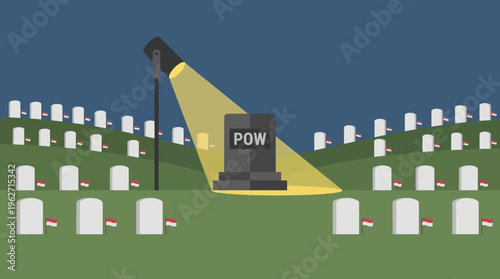 Flat vector landscape of a military cemetery with small flags and a spotlight on a POW monument