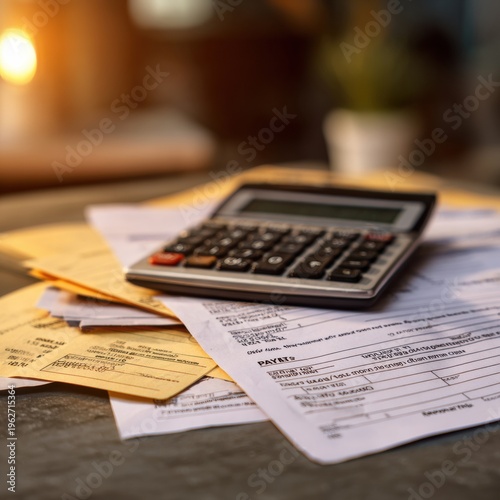 Close-up of a Pay Stub and Tax Documents Organized on a Desk With a Calculator for Employment Payment Dispute Discussions