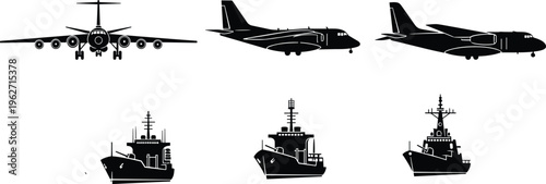 Military airplane and naval warship silhouette collection, cargo aircraft vector, destroyer ship icons, transport aviation set, marine vessel shapes, black silhouettes,