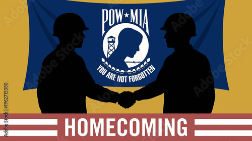 Silhouette of two soldiers shaking hands with a POW MIA flag draped in the background for homecoming