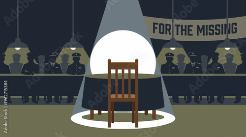 Vector illustration of a spotlight hitting an empty chair at a formal military banquet for the missing