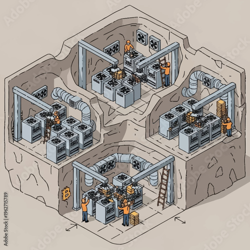 Illustration of a Bitcoin mining farm operating underground with multiple mining rigs and workers.