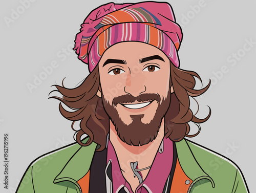 Man with long hair and a scarf smiles while wearing colorful clothing in a simple setting