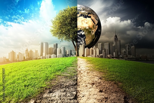 Divided Earth, contrasting scenes of vibrant greenery and barren land, with a path between