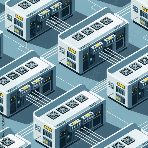 Isometric view of a seamless pattern of cryptocurrency mining servers with cooling fans and cables.