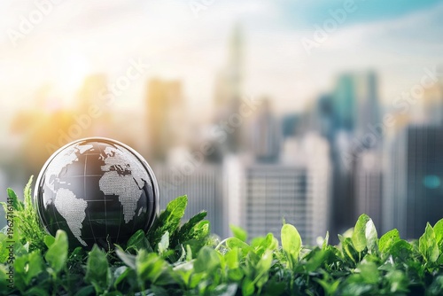 Earth globe resting on greenery, city skyline in background