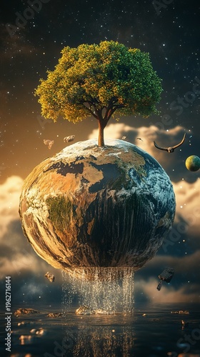 Earth floats, a vibrant green tree atop, suspended in water, surrounded by clouds and stars