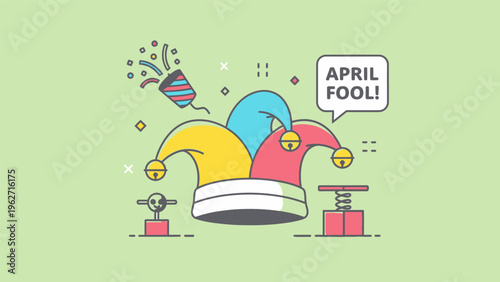 Colorful Cartoon Jester Hat with April Fool Text.