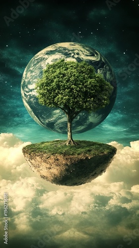 Floating island with a tree, Earth in the night sky