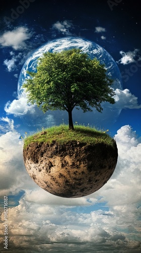 Floating island with a tree, Earth and moon, surreal landscape
