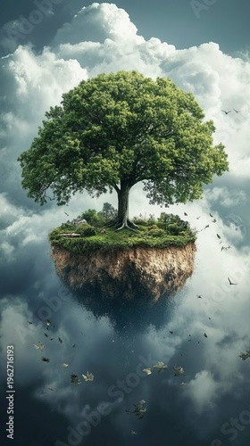 Floating island with a tree in a cloudy sky