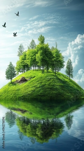 Floating island with lush trees, mirrored in calm water, birds in sky