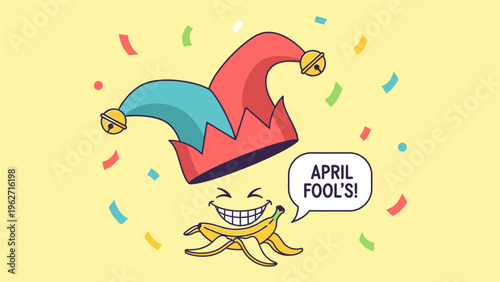 Cartoon Jester Hat and Character Celebrating April Fools.