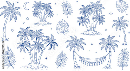 Whimsical tropical island illustration with palm trees, hammock, coconuts, moonlit sky, decorative stars, and relaxed vacation vibes design