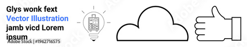 Innovation, communication, design elements, cloud storage, approval, brainstorming. Light bulb, cloud and thumbs up icons with sample text. Innovation and communication concept