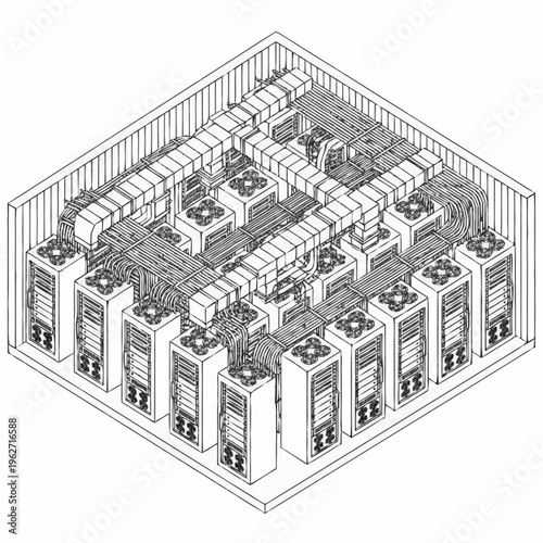 Isometric view of a server room with multiple racks of computers and cooling systems.