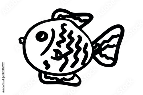 Hand drawn happy funny cute fish Adorable friendly kawaii tropical fish Underwater world sea life ocean Fishing seafood For design, kids print, kids books, nursery decor, coloring pages, logo