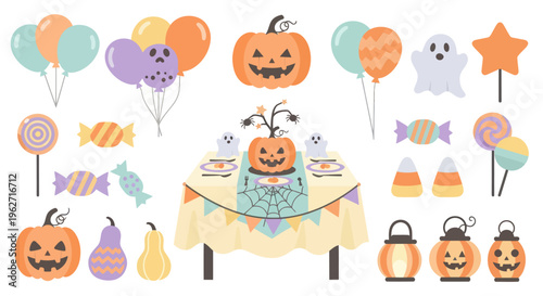 Halloween Flat Vector Decoration Elements Set: Spooky Pumpkins, Ghosts, Candy  Balloons