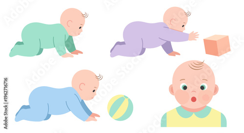 Flat Vector Illustration of Babies Crawling and Playing - Early Childhood Development Stages