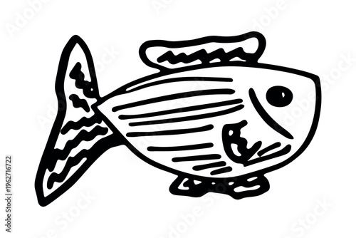 Hand drawn happy funny cute fish Adorable friendly kawaii tropical fish Underwater world sea life ocean Fishing seafood For design, kids print, kids books, nursery decor, coloring pages, logo