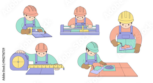 Construction Workers Tiling  Using Tools - Flat Vector Illustration Set
