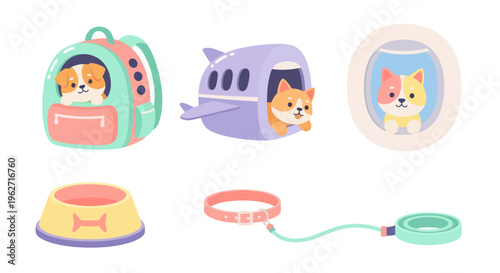 Cute Cartoon Flat Vector Pet Travel and Care Set: Dog, Cat, Carriers, Leash, Collar, Bowl