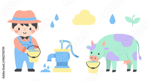 Flat Cartoon Agriculture Icons: Cute Farmer, Cow, Water Pump, and Elements for Farm Life