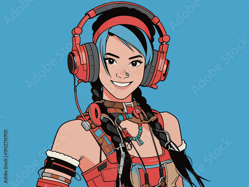 Character with headphones and colorful outfit smiles brightly against a blue background during a casual digital art session