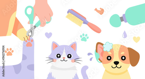 Cute Pet Grooming and Care with Dog, Cat, and Tools - Flat Vector Illustration