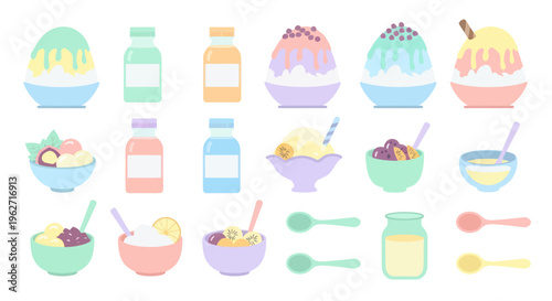 Flat Illustration of Colorful Desserts and Drinks in Bowls and Bottles